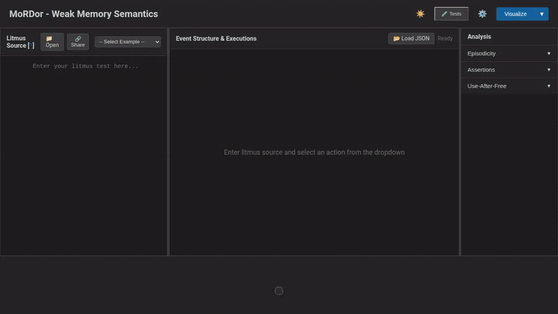 A recording of the MoRDor web UI: a litmus test is typed into the source panel, in which one thread frees a pointer once it observes a flag, while the other thread reads through that pointer and then clears the flag with a relaxed store; running the analysis draws the event structure and steps through the three consistent executions MoRDor derives, with program order, preserved program order and reads-from edges drawn between the events; the Use-After-Free panel reports one execution in which the read of the freed location is ordered after the free, and selecting the finding jumps to that execution's graph; the relaxed store is then changed to a release store, and re-running leaves two executions and no use-after-free.